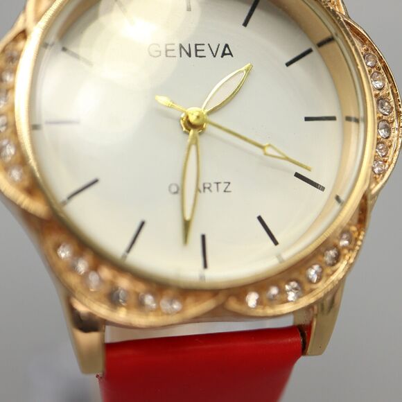 Geneva Ladies Gold Tone Flower Watch Jewel Bezel Red Faux Leather w New Battery - Picture 4 of 10
